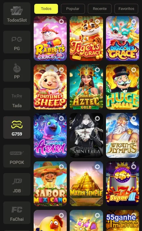 Seleção de jogos de slots no 55ganhe, mostrando diversas opções emocionantes.
